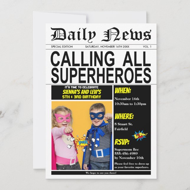 Superheld Joint Birthday Party Super Hero Foto Einladung (Vorderseite)