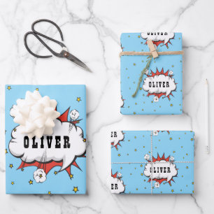 Superhelden-Comic-Sprechblase roter Junge Name Geschenkpapier Set