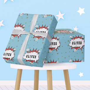 Superhelden-Comic-Sprechblasen-Jungen-Name Geschenkpapier