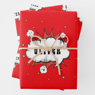 Superhelden-Comic-Sprechblasen-Jungen-Name  Geschenkpapier Set