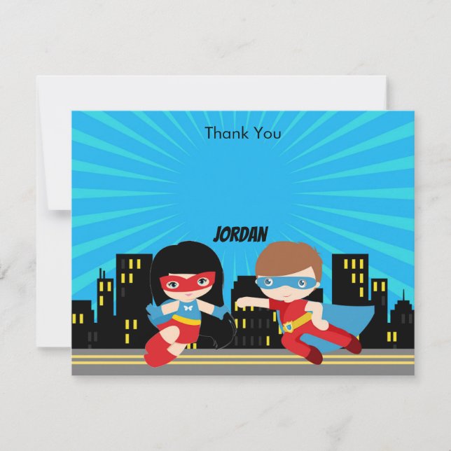 Superhelden Danke, dass ihr Card Boy Girl Blue Sun Dankeskarte (Vorderseite)