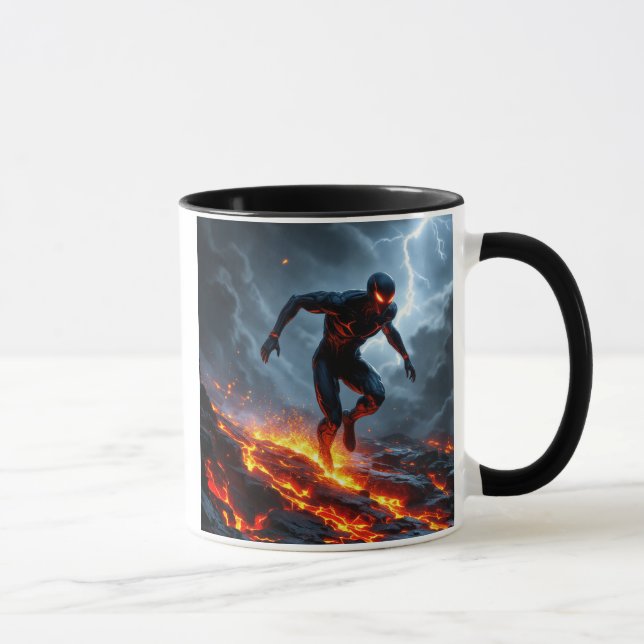 Superhelden, die durch ein Lava-Feld gehen. Tasse (Rechts)