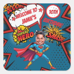 Superhelden Karikatur Action-Packed Boys Geburtsta Quadratischer Aufkleber