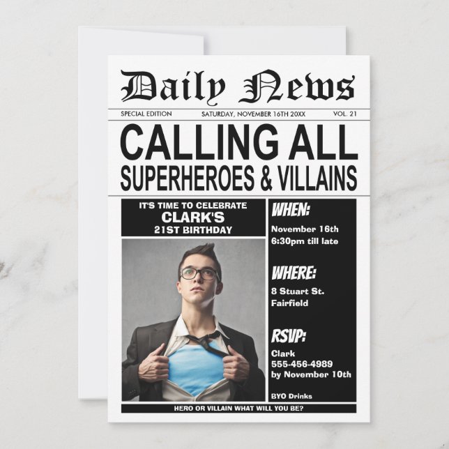 Superhelden oder Villains Geburtstagsparty Superhe Einladung (Vorderseite)