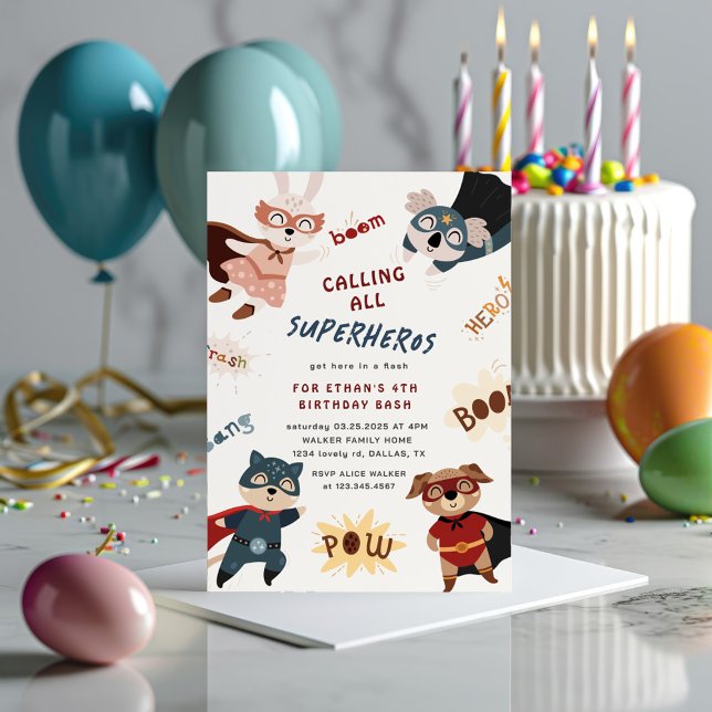 Superhero Animaux mignons Invitation Anniversaire  (Créateur téléchargé)