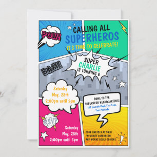 Superhero Anniversaire Invitation Style comique