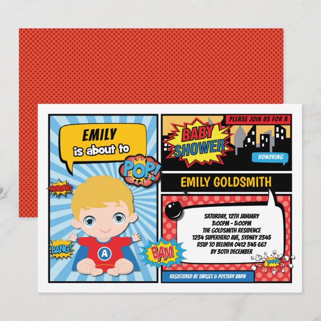 Superhero Baby Boy Dusche / Comic Buch Blonde Hair Einladung (Vorne/Hinten)