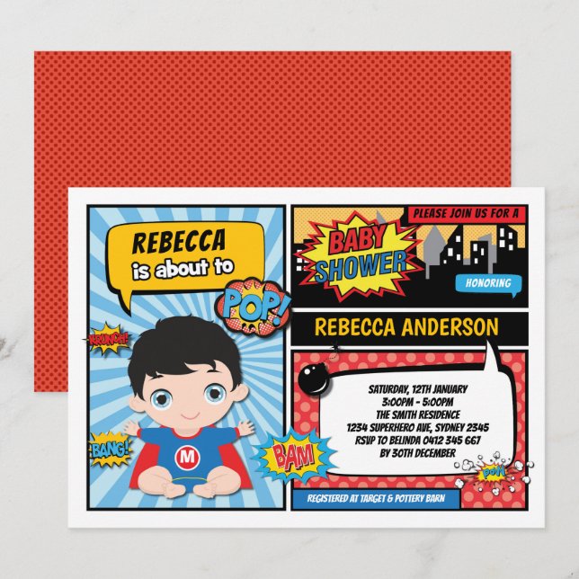 Superhero Baby Dusche / Super Hero Boy Einladung (Vorne/Hinten)