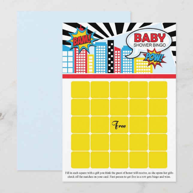 Superhero Babydusche Bingokarten Einladung (Vorne/Hinten)