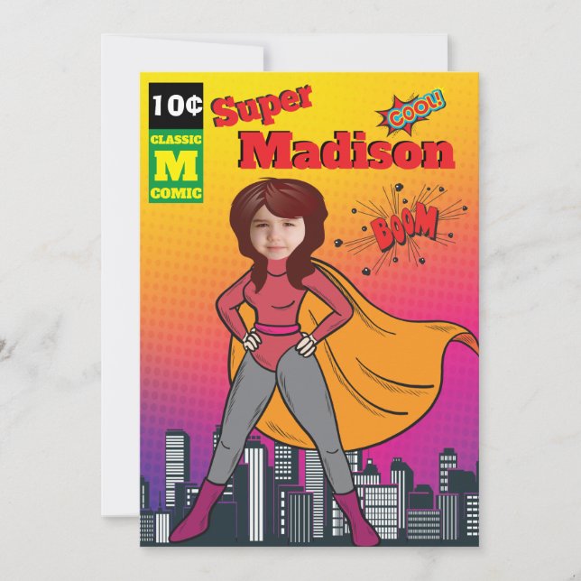 Superhero Birthday Girl Comic ⚡ Fun Fab USA Einladung (Vorderseite)