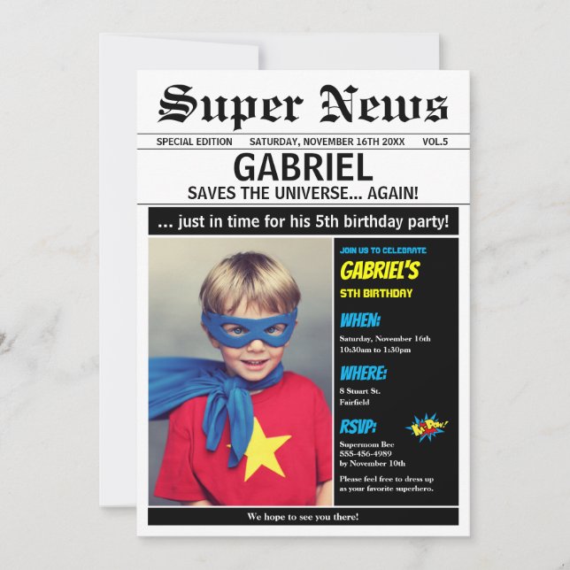 Superhero Birthday Party Boy Girl Picture Foto Einladung (Vorderseite)