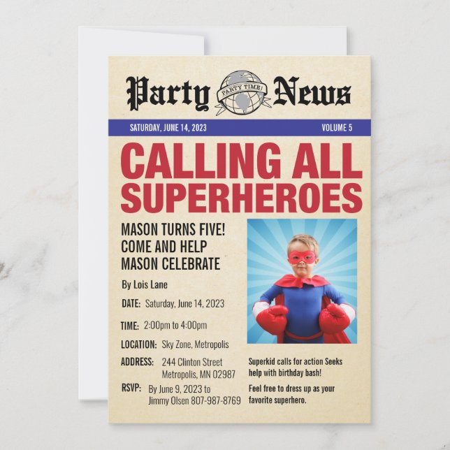 Superhero Birthday Party Foto Einladung ・ News (Vorderseite)