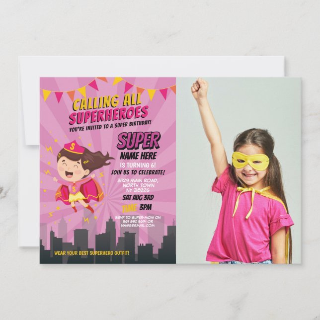 Superhero Birthday Pink Girls Super Foto Einladung (Vorderseite)