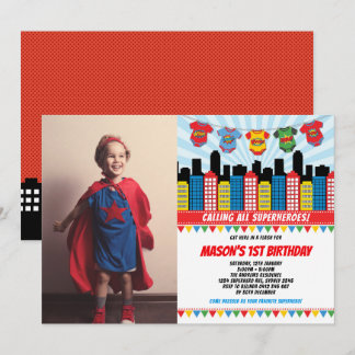 Superhero Boy 1. Geburtstag Cityscape Party Foto Einladung