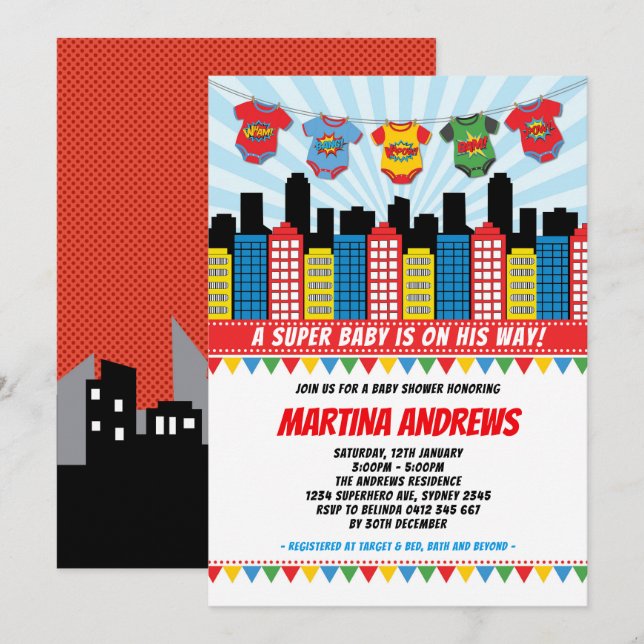 Superhero Boy Baby Dusche Cityscape Comic Party Einladung (Vorne/Hinten)