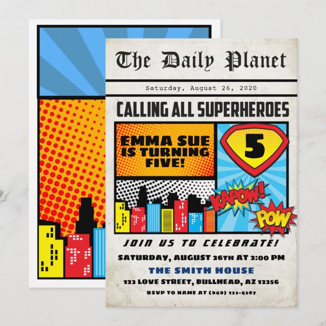 Superhero Boy's Newspaper Comic Style Geburtstag Einladung (Vorne/Hinten)