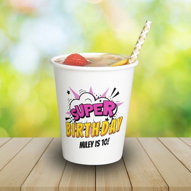 Superhero Comic Book Girl's Birthday Pappbecher (Super Birthday | Girl's superhero personalized party cups)