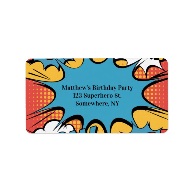 Superhero Comic Book Pop Art Boy Birthday Party Adressaufkleber (Vorne)