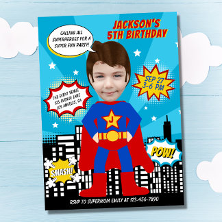 Superhero Comic Book Style Boy Birthday Foto Einladung