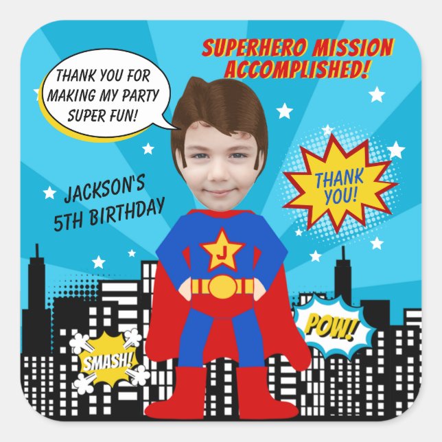 Superhero Comic Book Style Boy Birthday Foto Quadratischer Aufkleber (Vorderseite)