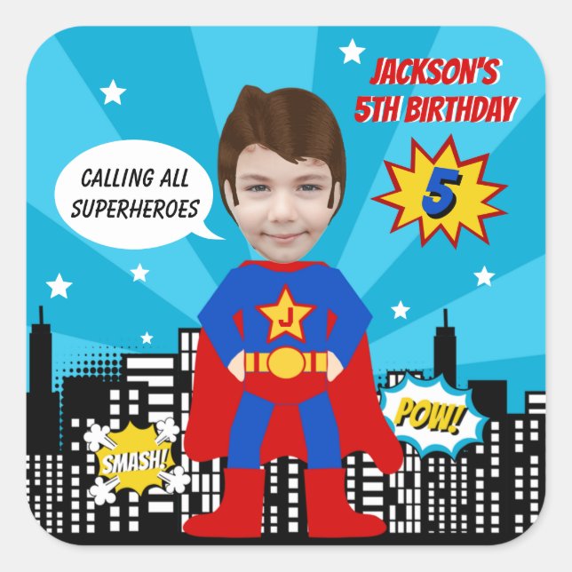 Superhero Comic Book Style Boy Birthday Foto Quadratischer Aufkleber (Vorderseite)