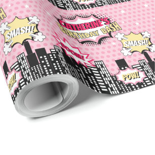 Superhero Comic Book Style Girl Birthday Pink Geschenkpapier