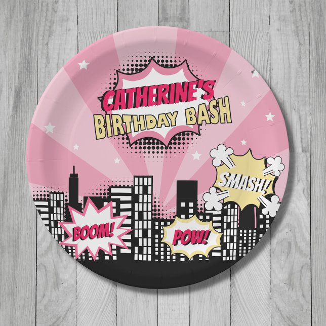 Superhero Comic Book Style Girl Birthday Pink Pappteller (Von Creator hochgeladen)