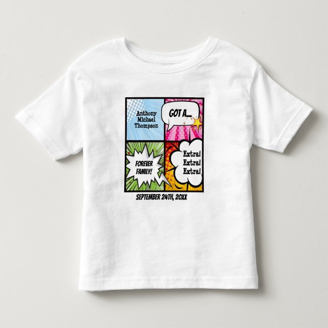 Superhero-Comic-Buch-Art-Adoptions-Party-T-Shirt Kleinkind T-shirt (Vorderseite)