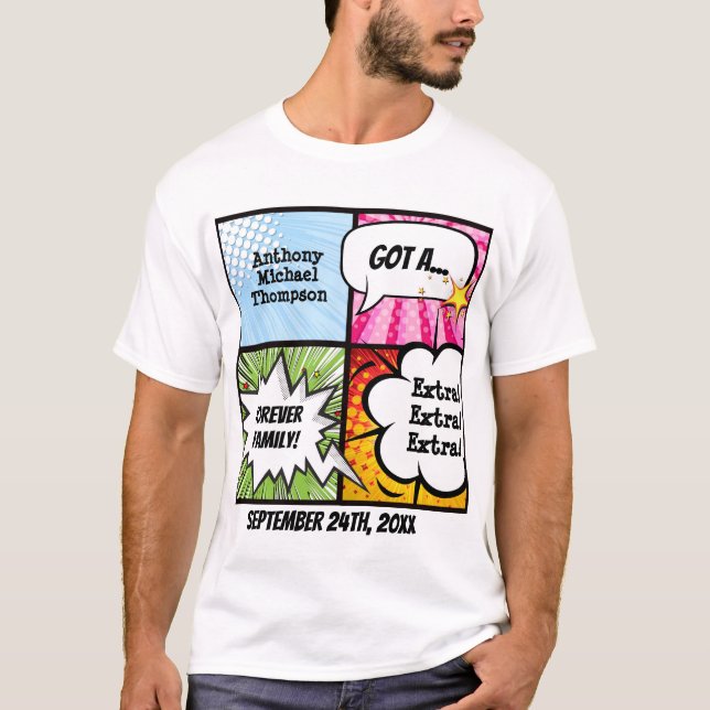Superhero-Comic-Buch-Art-Adoptions-Party-T-Shirt T-Shirt (Vorderseite)