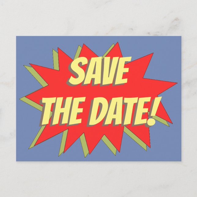 Superhero-Comic Save the Date Ankündigungspostkarte (Vorderseite)