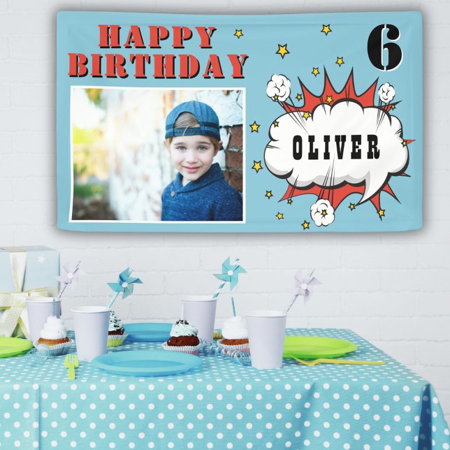 Superhero Comic Speech Bubble Boy Birthday Foto Banner (Von Creator hochgeladen)