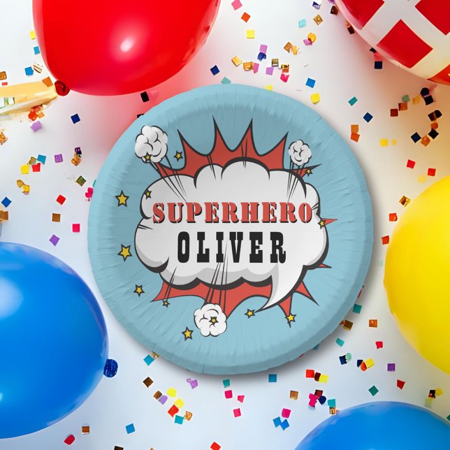 Superhero Comic Speech Bubble Boy Birthday Party Pappteller (Von Creator hochgeladen)