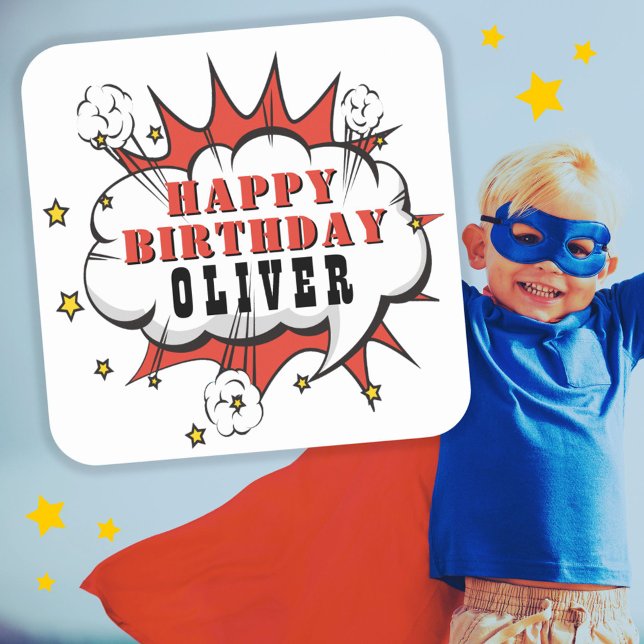Superhero Comic Speech Bubble Boy Happy Birthday Quadratischer Aufkleber (Von Creator hochgeladen)