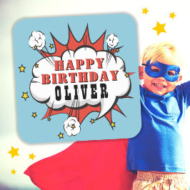 Superhero Comic Speech Bubble Boy Happy Birthday Quadratischer Aufkleber