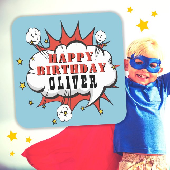 Superhero Comic Speech Bubble Boy Happy Birthday Quadratischer Aufkleber (Von Creator hochgeladen)