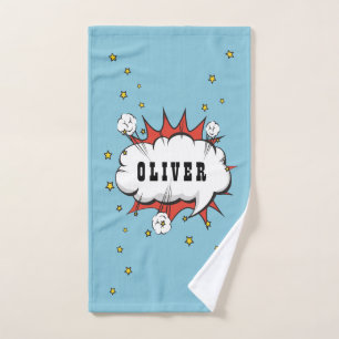 Superhero Comic Speech Bubble Boy Name Badhandtuch Set