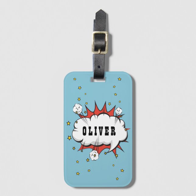 Superhero Comic Speech Bubble Boy Name Gepäckanhänger (Vorderseite Vertikal)