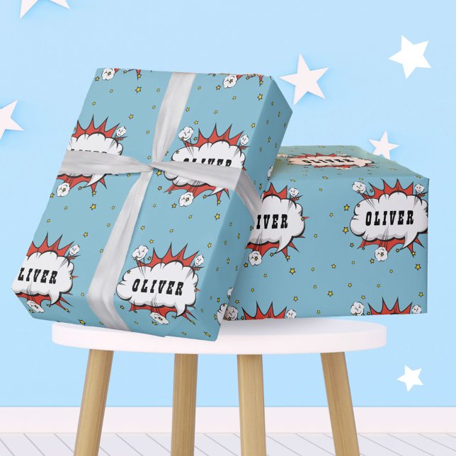 Superhero Comic Speech Bubble Boy Name Geschenkpapier (Von Creator hochgeladen)