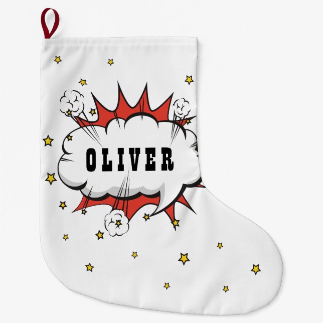 Superhero Comic Speech Bubble Boy Name Large Chris Großer Weihnachtsstrumpf (Vorderseite)