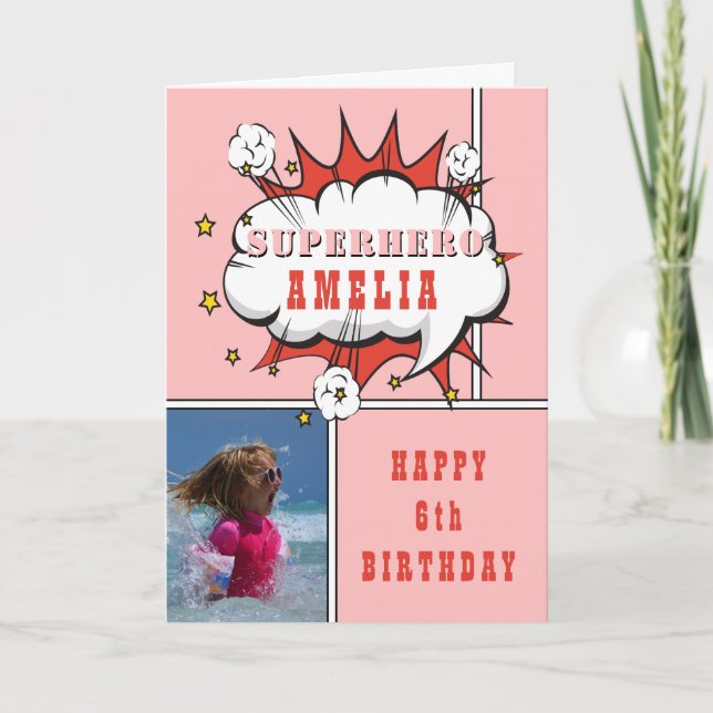 Superhero Comic Speech Bubble Girl Birthday Foto Karte (Vorderseite)