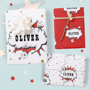 Superhero Comic Speech Bubble Red Boy Name Geschenkpapier Set