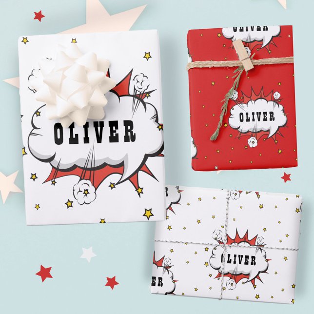 Superhero Comic Speech Bubble Red Boy Name Geschenkpapier Set (Von Creator hochgeladen)