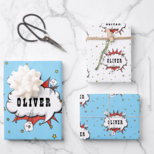 Superhero Comic Speech Bubble Red Boy Name Geschenkpapier Set
