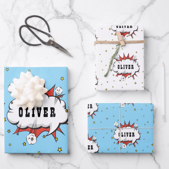 Superhero Comic Speech Bubble Red Boy Name Geschenkpapier Set (Vorderseite)