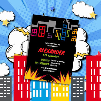 Superhero Dark City Gebäude Thema Kindergeburtstag Einladung