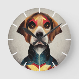 Superhero Dog Portrait Beagle Runde Wanduhr