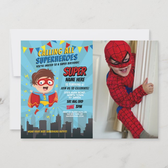 Superhero Einladung Boys Blue Foto Super Party (Vorderseite)