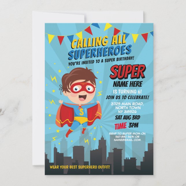 Superhero Einladung Boys Blue Girls Super Party (Vorderseite)