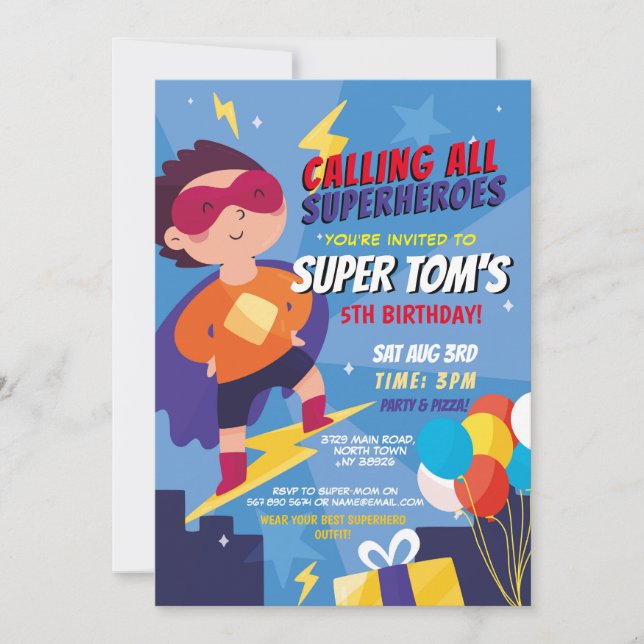 Superhero Einladung Boys Blue Stars Super Party (Vorderseite)
