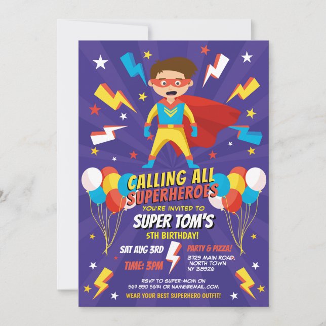 Superhero Einladung Boys Blue Stars Super Party (Vorderseite)